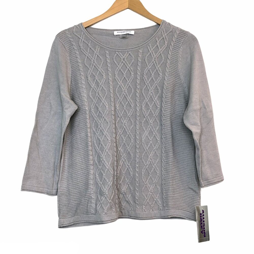 NEW NWT ALLISON DALEY Gray Grey Cable Knit 3/4 Sleeve Cotton Sweater PETITE - PS